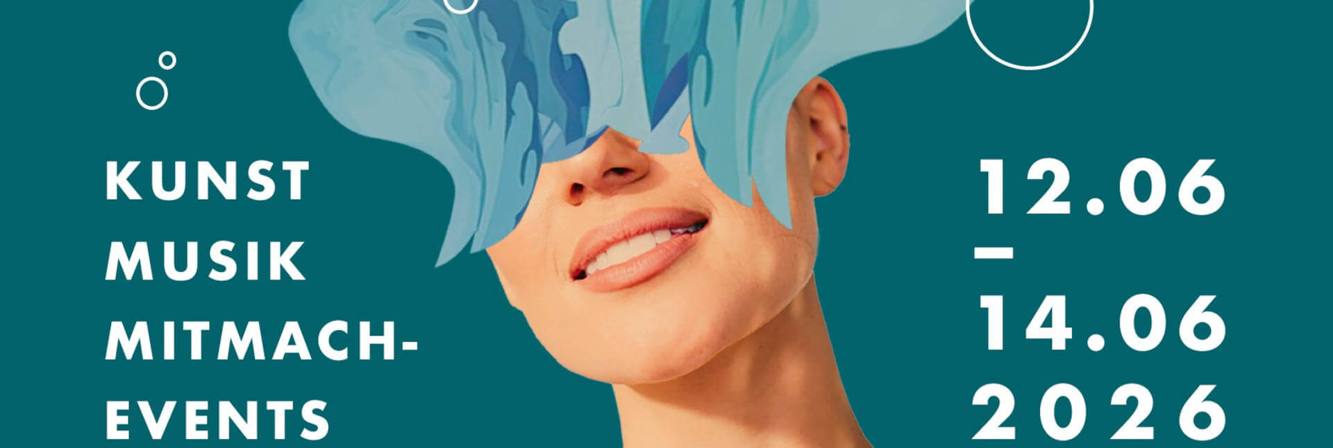 Grafisches Eventmotiv mit modernem Design, klarer Typografie und Datum 12.–14.06.2026, kombiniert mit künstlerischem Porträt und den Schlagworten Kunst, Musik und Mitmach‑Events.