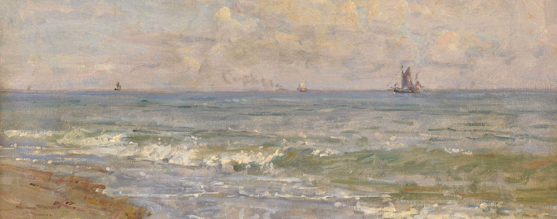 Impressionistisches Meeresgemälde mit sanften Wellen und Segelbooten am Horizont, in hellen Pastelltönen und lebendiger Pinselführung, vermittelt eine ruhige Küstenstimmung. Von Viggo Janhansen bei Galerie RIECK.