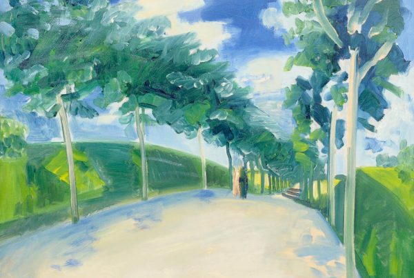Gemälde „Sommerliche Allee“ von Axel Bentzen mit einer hellen, baumgesäumten Allee zwischen grünen Feldern unter blauem Wolkenhimmel.