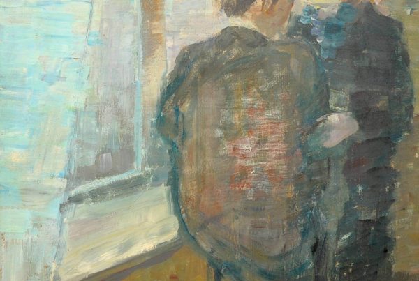 Gemälde „Frauen am Fenster“ von Carl Fischer mit zwei Personen in dunkler Kleidung vor einem hellen Fenster.