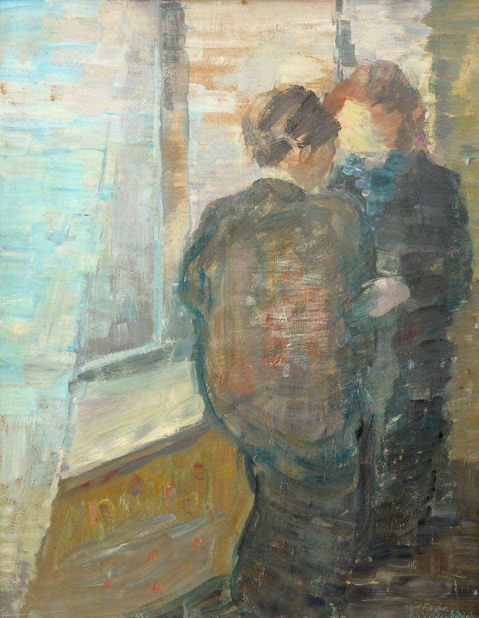 Gemälde „Frauen am Fenster“ von Carl Fischer mit zwei Personen in dunkler Kleidung vor einem hellen Fenster.