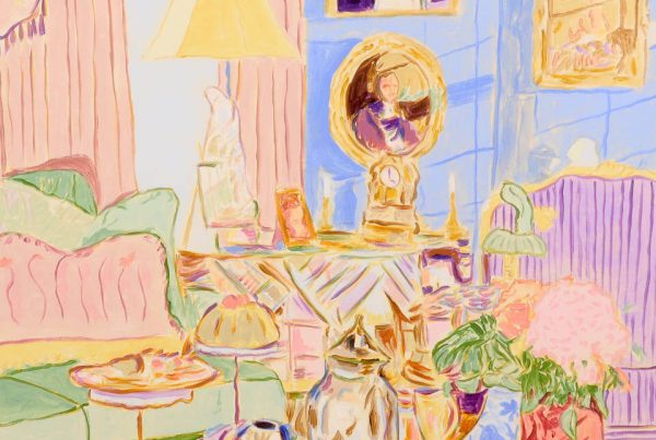 Gemälde „Cakes And Interior“ von Mads Rafte Hein: farbintensives Interieur mit gedecktem Tisch, Kuchen, Vasen, Blumen, Sesseln und Bildern bei Galerie RIECK