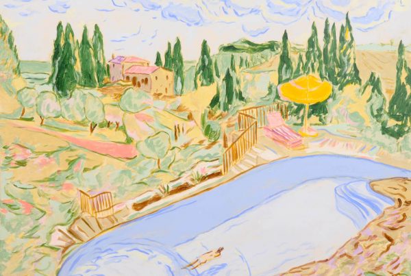 Gemälde „Country Pool“ von Mads Rafte Hein mit Swimmingpool, gelbem Sonnenschirm und sommerlicher Landschaft in der Galerie RIECK