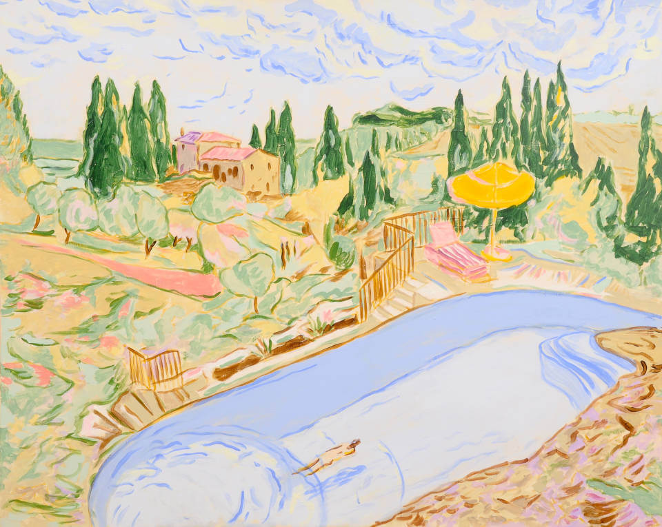 Galerie_RIECK_Mads_Rafte_Hein_Country_Pool Gemälde „Country Pool“ von Mads Rafte Hein mit Swimmingpool, gelbem Sonnenschirm und sommerlicher Landschaft in der Galerie RIECK