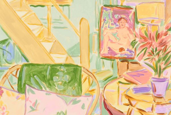 Ausschnitt vom Gemälde „Daily View“ von Mads Rafte Hein: farbintensives Interieur mit Sesseln, Tischen, Vasen, Büchern, Pflanzen und Leuchten bei Galerie RIECK