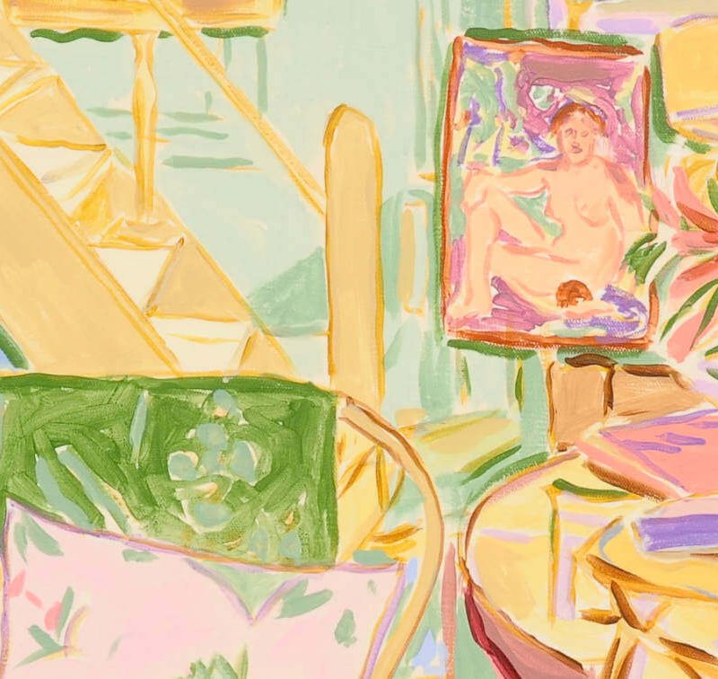 Ausschnitt vom Gemälde „Daily View“ von Mads Rafte Hein: farbintensives Interieur mit Sesseln, Tischen, Vasen, Büchern, Pflanzen und Leuchten bei Galerie RIECK