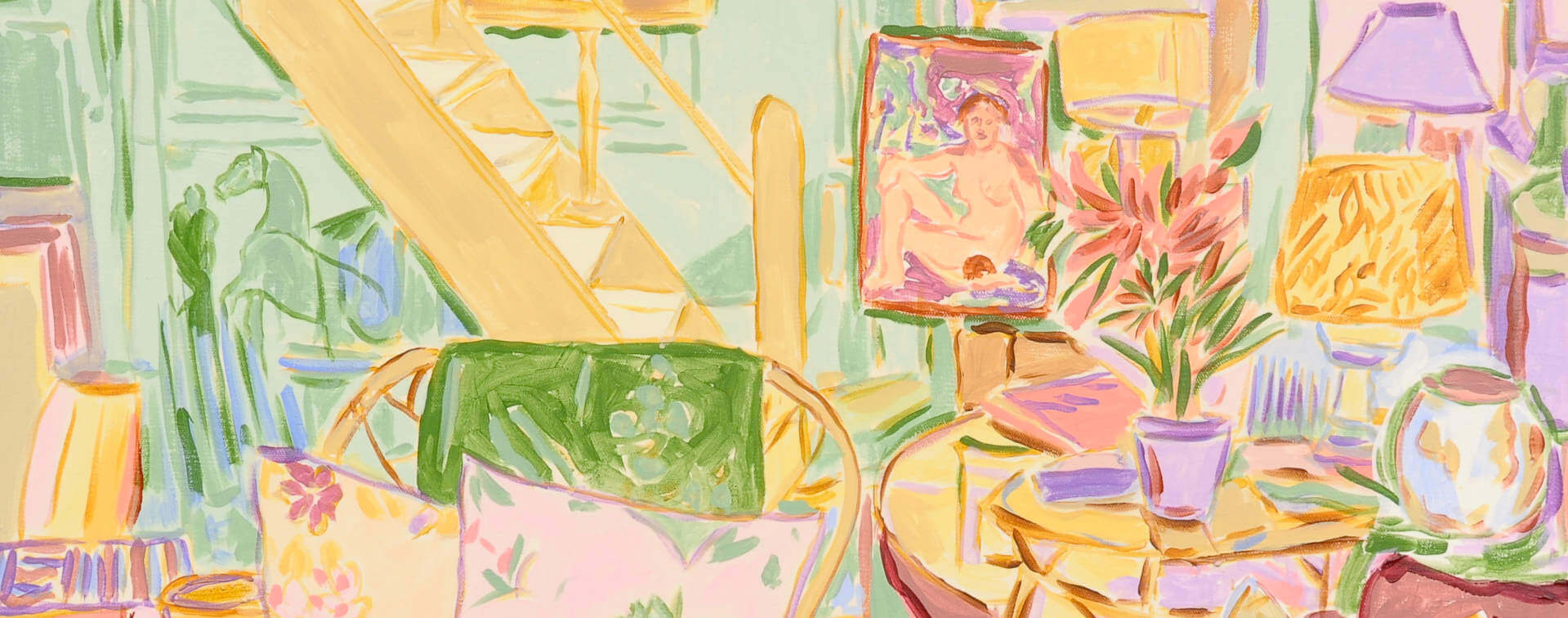 Ausschnitt vom Gemälde „Daily View“ von Mads Rafte Hein: farbintensives Interieur mit Sesseln, Tischen, Vasen, Büchern, Pflanzen und Leuchten bei Galerie RIECK