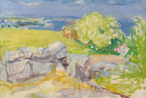 Gemälde „Bornholms Küste“ von Mogens Hertz mit Felsen, grüner Küstenlandschaft und blauem Meer unter bewölktem Himmel.