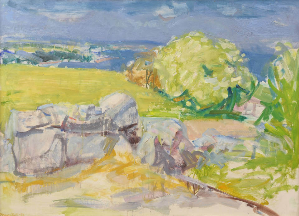 Gemälde „Bornholms Küste“ von Mogens Hertz mit Felsen, grüner Küstenlandschaft und blauem Meer unter bewölktem Himmel.