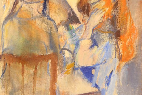 Expressionistisches Gemälde „Mädchen am Tisch“ von Poul S. Nielsen mit sitzender Figur, Holzstuhl und warmen Orange-, Blau- und Beigetönen.