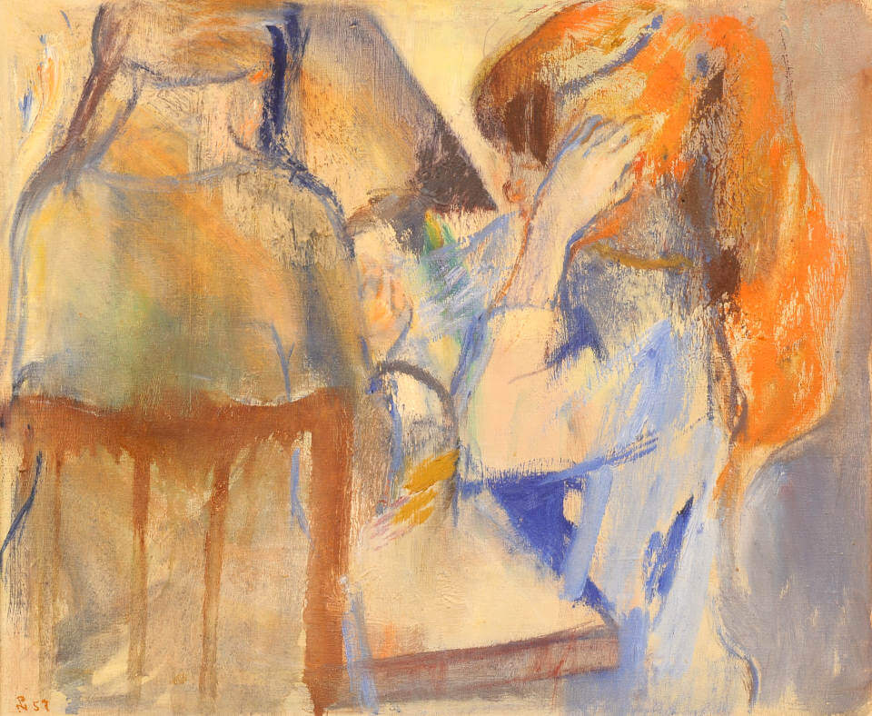 Expressionistisches Gemälde „Mädchen am Tisch“ von Poul S. Nielsen mit sitzender Figur, Holzstuhl und warmen Orange-, Blau- und Beigetönen.