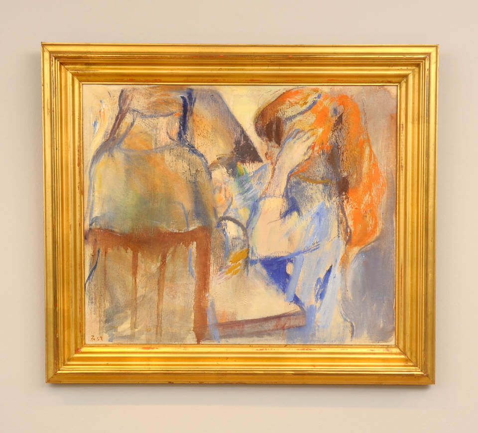 Expressionistisches Gemälde „Mädchen am Tisch“ von Poul S. Nielsen mit sitzender Figur, Holzstuhl und warmen Orange-, Blau- und Beigetönen.