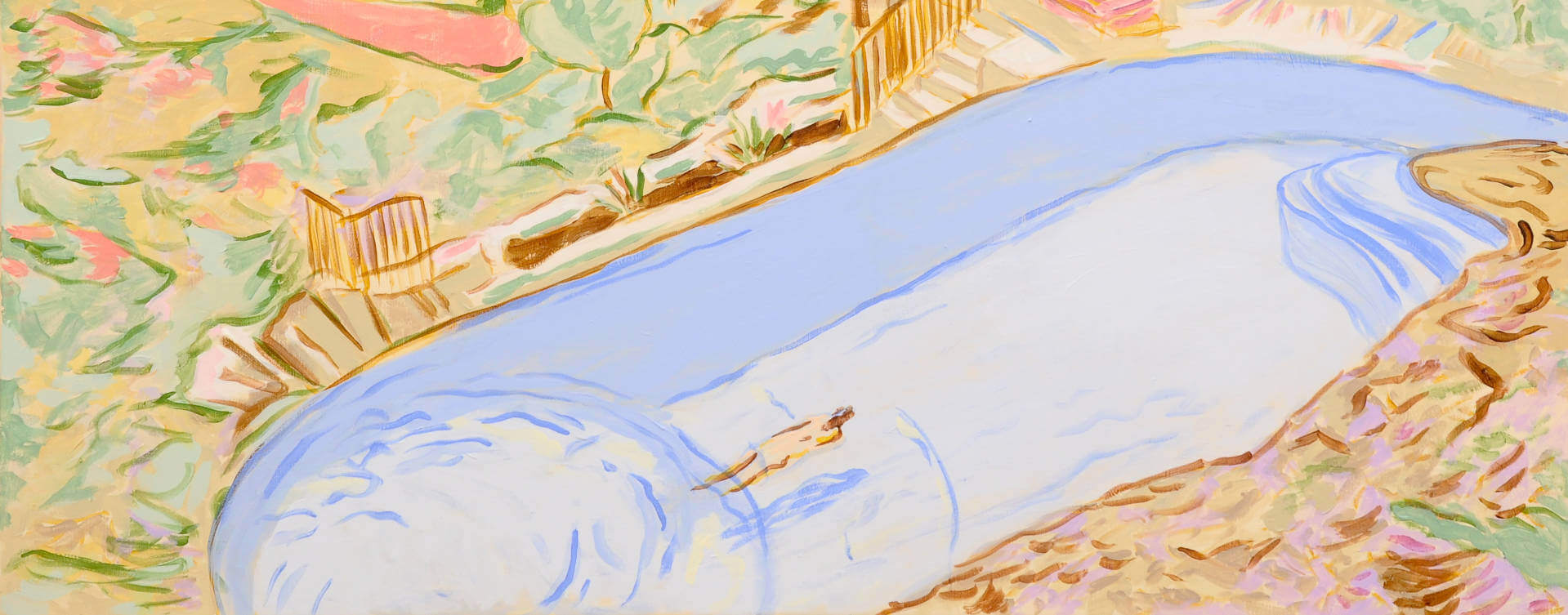 Gemälde „Country Pool“ von Mads Rafte Hein mit schwimmender Person in einem hellblauen Pool, umgeben von einer sommerlichen Landschaft.