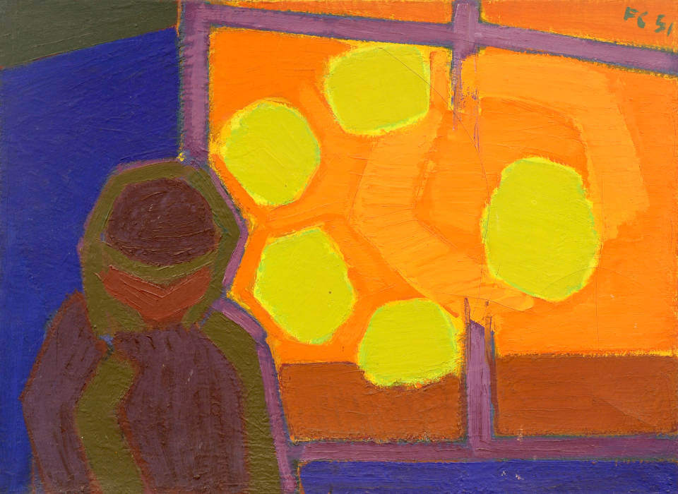 Polarnacht von Frede Christoffersen mit stilisierter Figur vor leuchtend orangefarbenem Hintergrund und grünen Lichtformen in expressiver Farbgestaltung.