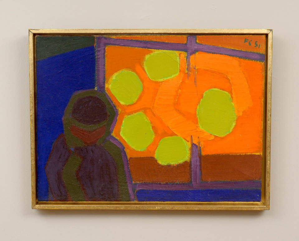 Polarnacht von Frede Christoffersen mit stilisierter Figur vor leuchtend orangefarbenem Hintergrund und grünen Lichtformen in expressiver Farbgestaltung in goldenem Rahmen.