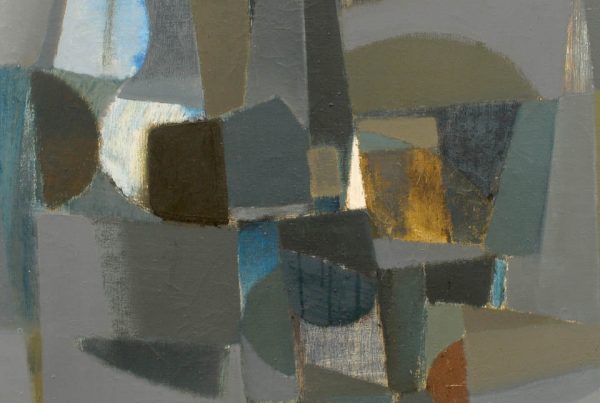 Abstrakte Komposition von Hugo Arne Buch mit geometrischen Formen in Grau-, Blau- und Goldtönen auf Leinwand.