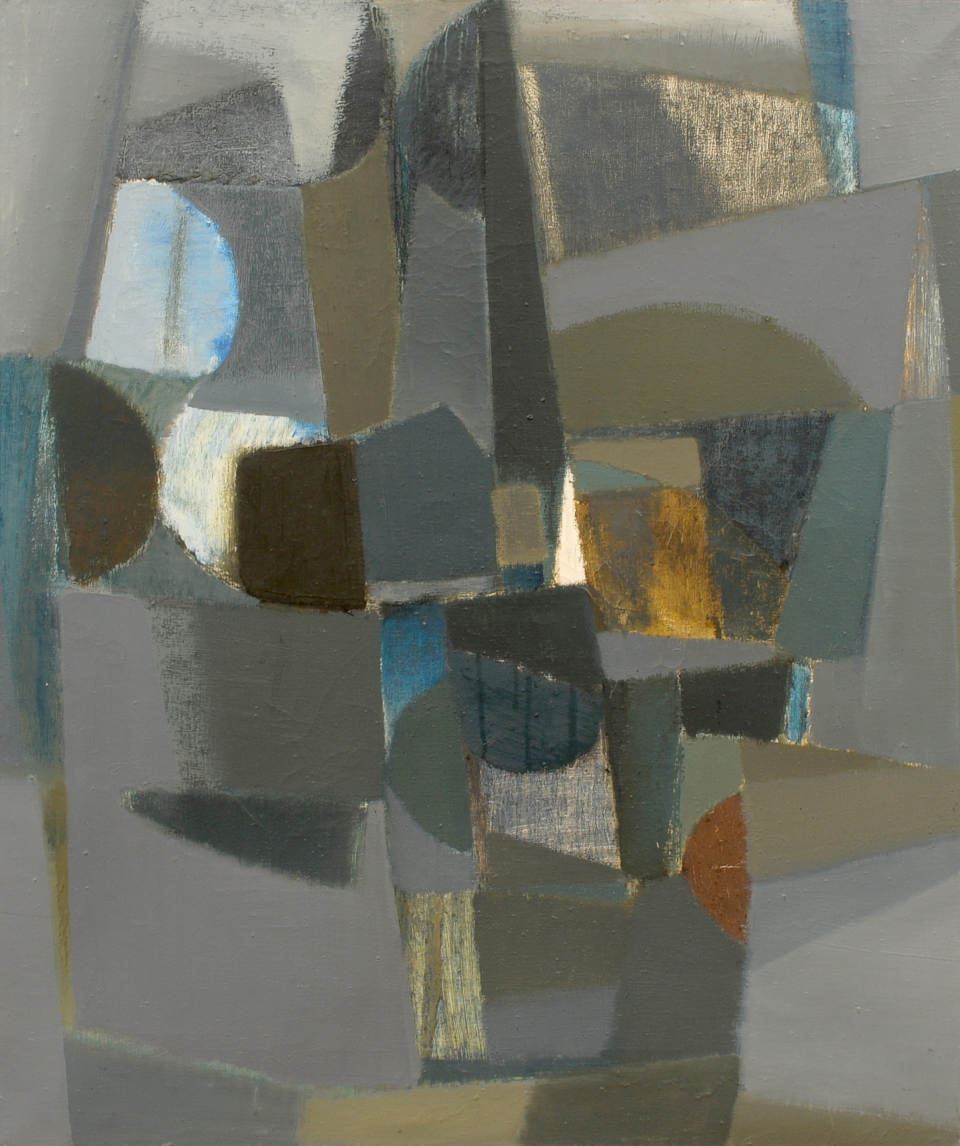 Abstrakte Komposition von Hugo Arne Buch mit geometrischen Formen in Grau-, Blau- und Goldtönen auf Leinwand.