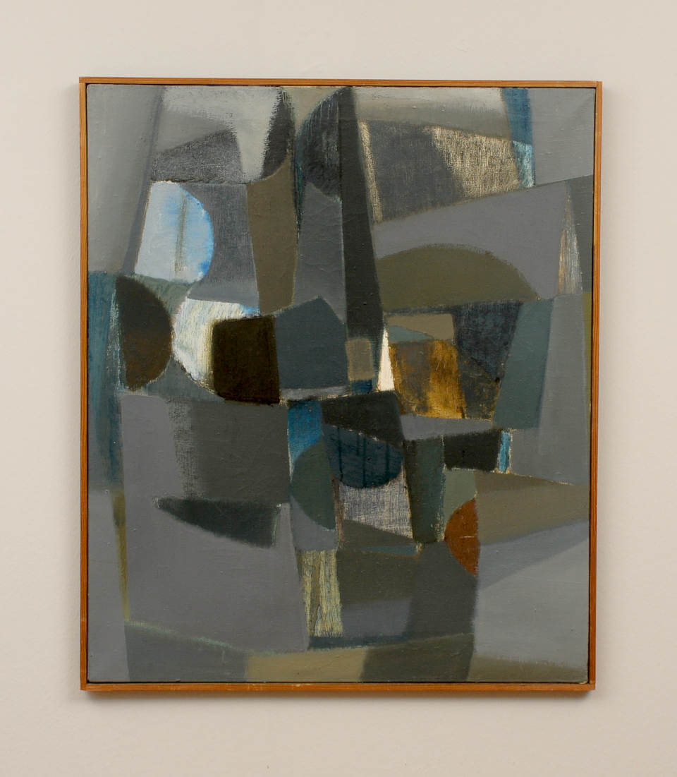Abstrakte Komposition von Hugo Arne Buch mit geometrischen Formen in Grau-, Blau- und Goldtönen auf Leinwand mit einfachem Holzrahmen