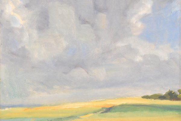 Landschaftsgemälde „Sommerhimmel“ von Karl Bovin mit weitem Wolkenhimmel über sanften Feldern in hellen Gelb-, Grün- und Blautönen.