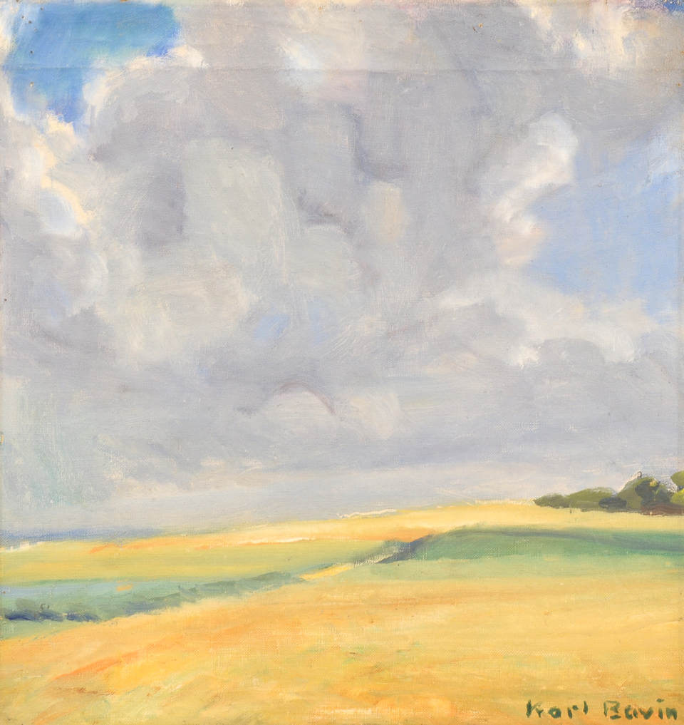 Landschaftsgemälde „Sommerhimmel“ von Karl Bovin mit weitem Wolkenhimmel über sanften Feldern in hellen Gelb-, Grün- und Blautönen.