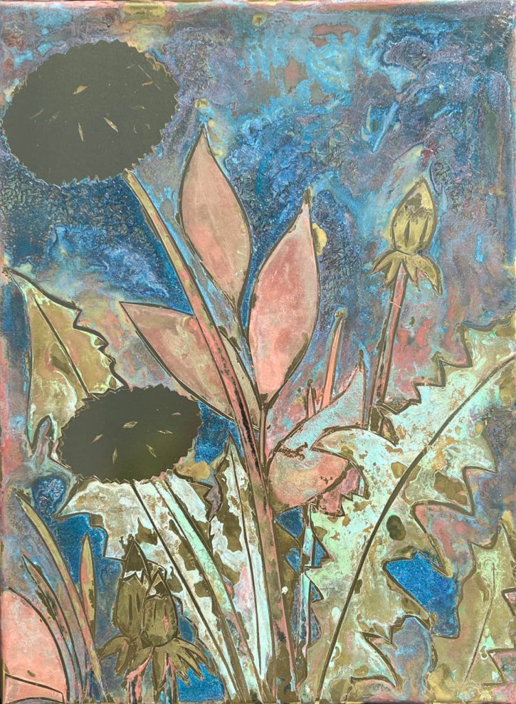 Galerie_RIECK_Eva_Louise_Buus_Weeds Weeds von Eva Louise Buus: Ausdrucksstarke Darstellung von Wildblumen, Löwenzahnblättern und Pflanzen in Blau-, Rosa- und Grüntönen, inspiriert von der nordischen Natur.